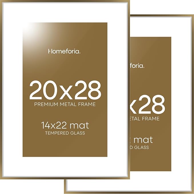 Homeforia Picture 20x28 Bronze Frame, High End Metal 20 x 28 Brass Poster Frames with Mat 14 x 22 for Photo, 20x28 Frame Matted to 14x22 Print, 28x20 Hanging Frames, Tempered Glass, Wall Kit, Set of 2