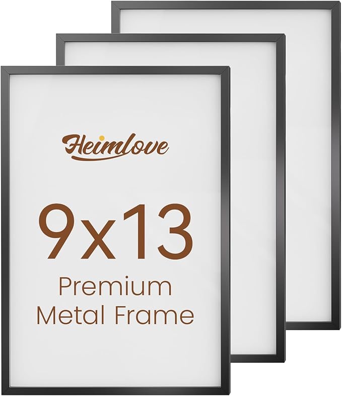 Heimlove 9x13 Metal Picture Frame,Black Aluminum Photo Frames-Real Tempered Glass,Mounting Horizontally or Vertically Decor for Wall-3 Pack