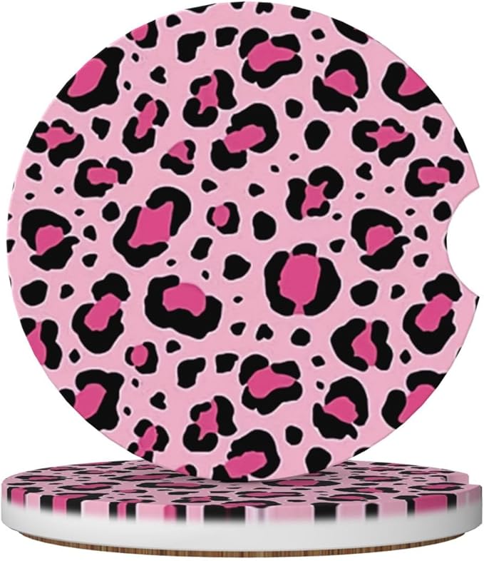 ABLESKY Car Coasters for Cup Holders, 2 Pack Absorbent Anti Slip Car Cup Holder Coasters, 2.56 Inch Ceramic Universal Size Auto Interior Accessories Women Men-Pink Leopard Spots