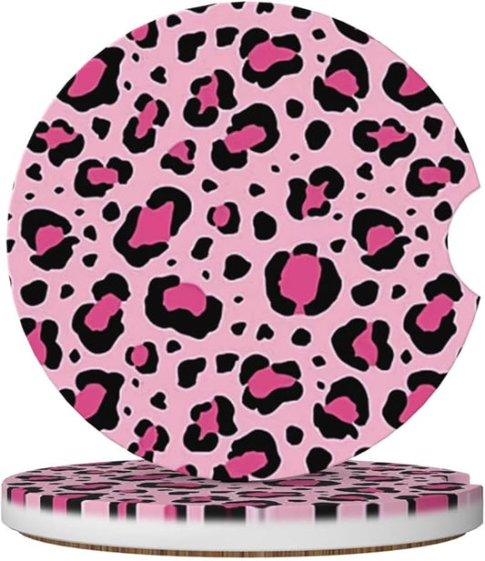 ABLESKY Car Coasters for Cup Holders, 2 Pack Absorbent Anti Slip Car Cup Holder Coasters, 2.56 Inch Ceramic Universal Size Auto Interior Accessories Women Men-Pink Leopard Spots