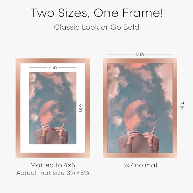 Homeforia Rose Gold 5x7 Picture Frame, High End Metal 5 x 7 Frames with Mat 4 x 6 for Print, 5by7 Desk Frame Matted to 4x6 inch Photo, 5 by 7 Wall or Tabletop Frame, Tempered Glass, Wall Kit, Set of 1