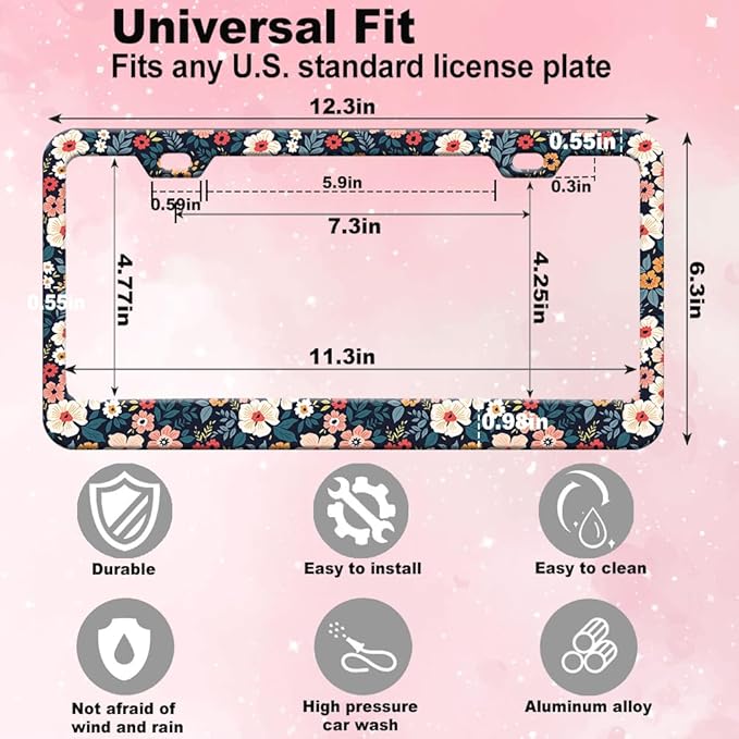 2pcs Cute Folk Floral License Plate Frame for Women, Colorful Flowers car Decorative tag Frames Girly,Beautiful Floral License Plate Cover Holder for Vehicle with Double Sided car Keychain tag