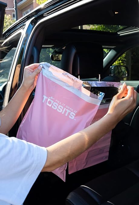 Tossits Recycled Disposable Car Trash Bags ??Leakproof, Smell Proof Hanging Garbage Bags for Car, Truck, SUV, RV & Vehicle ??Pink, 21 Count Disposable Automotive Trash Bags