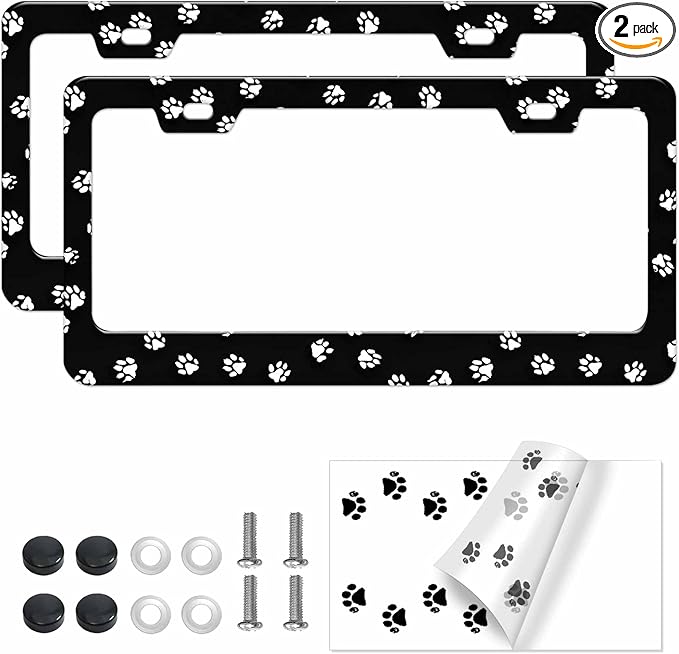 2pcs Black White Dog Paw Print License Plate Frame for Women, Pet Foot Print Car Tag Frames Girly for Vehicle with Non Adhesive Electrostatic Sticker