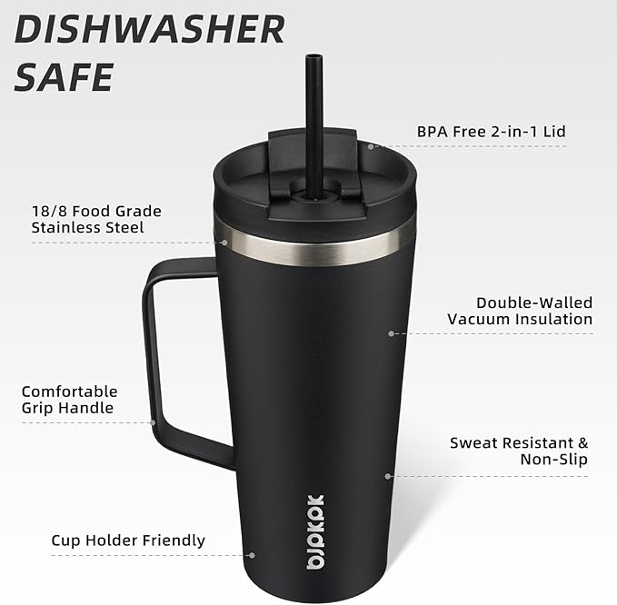 BJPKPK Insulated Tumbler with Handle, 22oz Insulated Tumblers with Lid and Straw, Stainless Steel Metal Water Bottles, Coffee Travel Mugs, Cups, Black