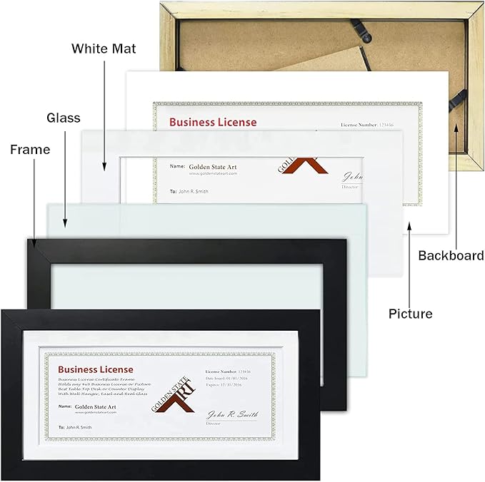 Golden State Art, 5x10 Wood Frame for 4x9 Business License Certificate with White Mat & Table-top Display, Black
