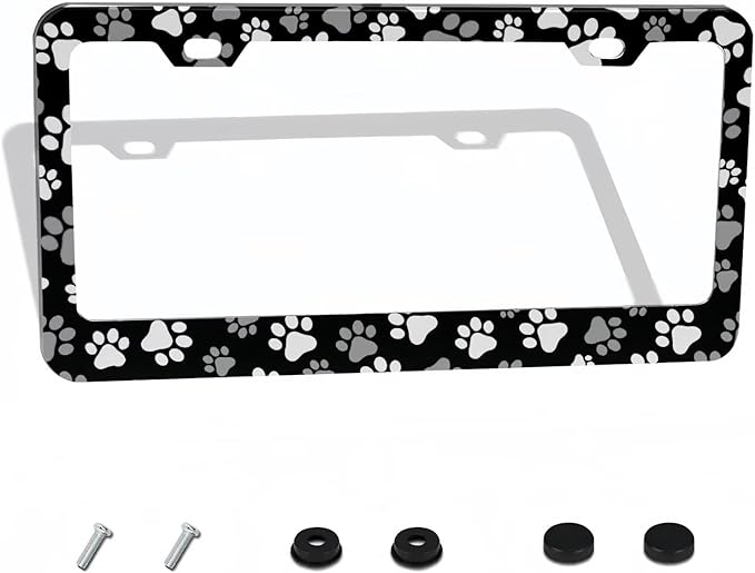 Paw Print License Plate Frame - 1 Pack Funny Animal Black White Dog Paw License Plate Holder Aluminum Metal Car Tag Cover with 2 Holes Customized Decorative for US Vehicle Standard for Women Men