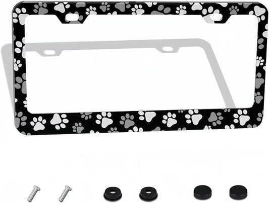 Paw Print License Plate Frame - 1 Pack Funny Animal Black White Dog Paw License Plate Holder Aluminum Metal Car Tag Cover with 2 Holes Customized Decorative for US Vehicle Standard for Women Men