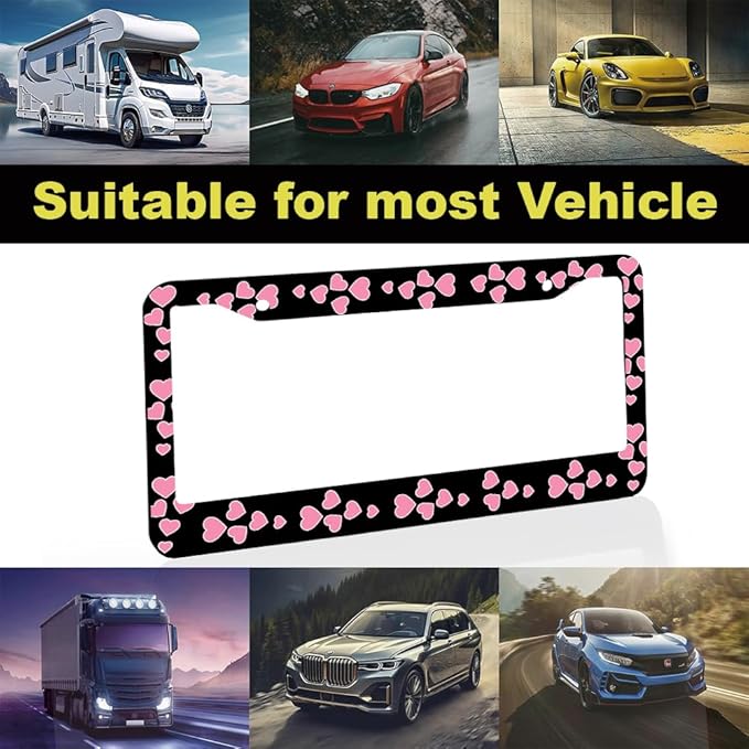 2pcs Pink Love Heart License Plate Frame for Women, Pink Love Hearts car Decorative tag Frames Girly,Beautiful License Plate Cover Holder for Vehicle with Double Sided car Keychain tag