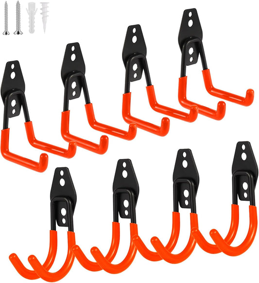 Steel Garage Hooks Wall Tool Organizer, 8 Pack Garage Storage Hook Heavy Duty Utility Storage Hangers Orange for Ladders, Ropes, Garden Tools