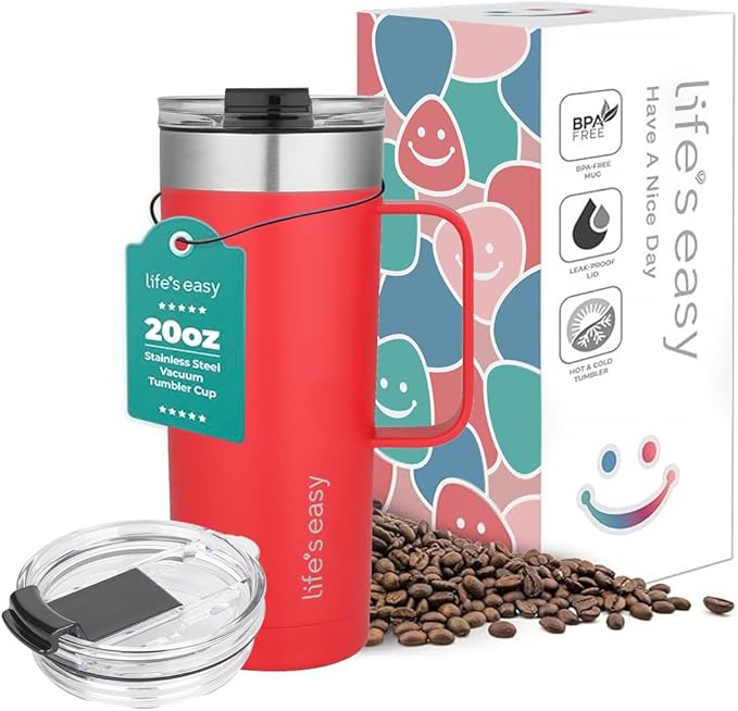 Life's Easy 20oz Stainless Steel Mug w/Handle - Double Wall Insulated Travel Tumbler w/Flip Lid - Leak Proof Tumbler-Thermal Cup for Coffee, Tea & More - Keep Hot & Cold Drinks (Red, 20 oz)