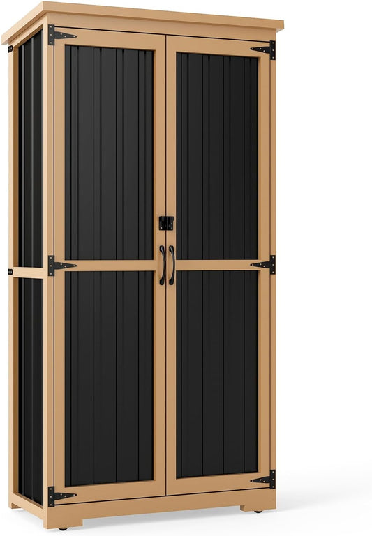 Outdoor Storage Cabinet Weatherproof,Wood & Metal Storage Shed with Adjustable Shelves & Lockable Doors,Vertical Outdoor Cabinets for Backyard Patio, Gardening Tools and Accessories,Brown