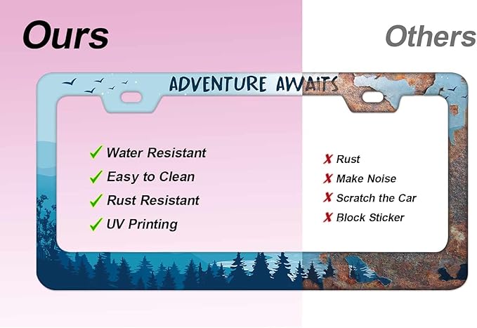 2pcs Blue Mountain Adventure AwaitsLicense Plate Frame for Women, Nature Forest Mountain River Landscape car tag Frames Girly for Vehicle with Non Adhesive Electrostatic Sticker