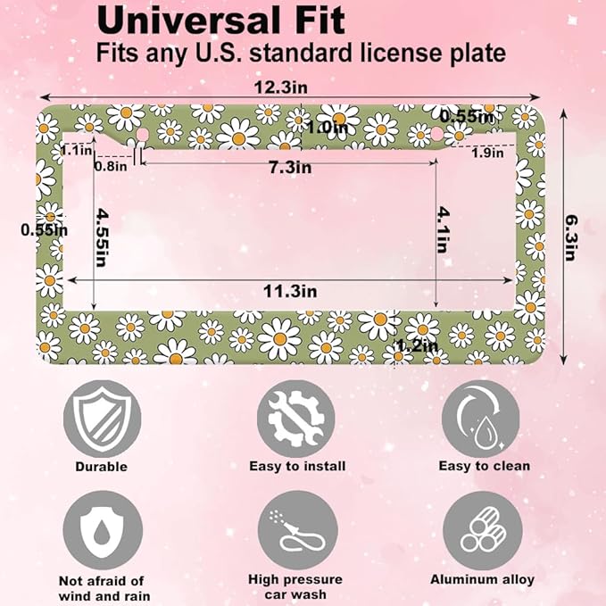 2pcs Retro Daisy Flowers Floral License Plate Frame for Women,Lime Green Vintage Plant car Decorative tag Frames Girly,Cute Green Floral License Plate Cover Holder for Vehicle with car Keychain tag