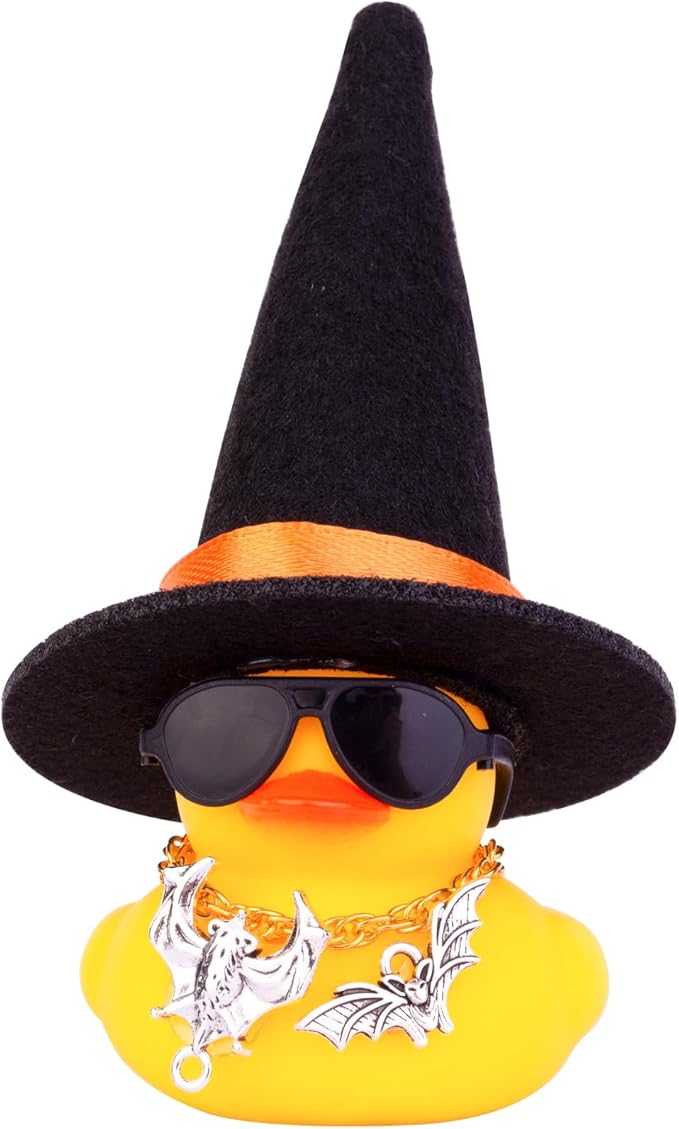 Car Rubber Duck Ornaments Halloween Duck Car Dashboard Decorations with Mini Witch Hat Sunglasses Necklace Halloween Accessories for Halloween Themed Gifts(W11-B&Orange Ribbon)