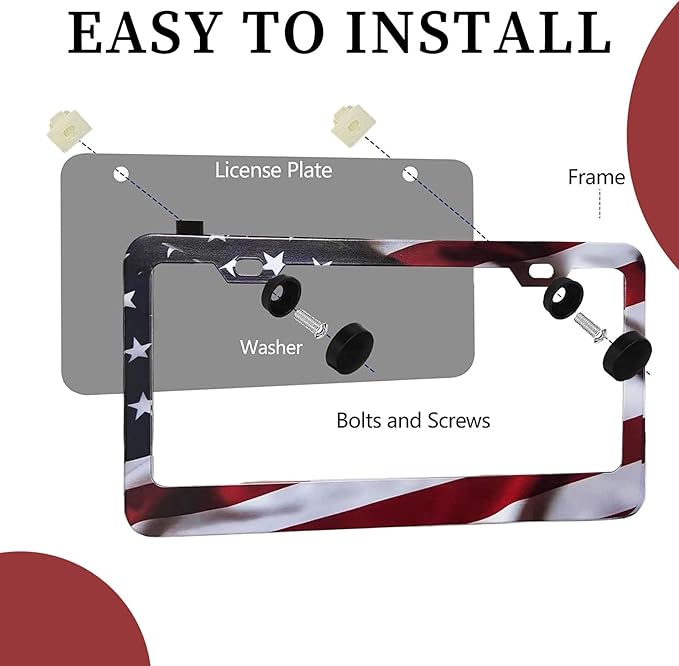 Patriotic American Flag License Plate Frame Holder - 2 Pack Universal Aluminum Matte Stripe US Flag Gloss Car Plate Frame Covers with 2 Holes and Free Screws Fasteners Caps