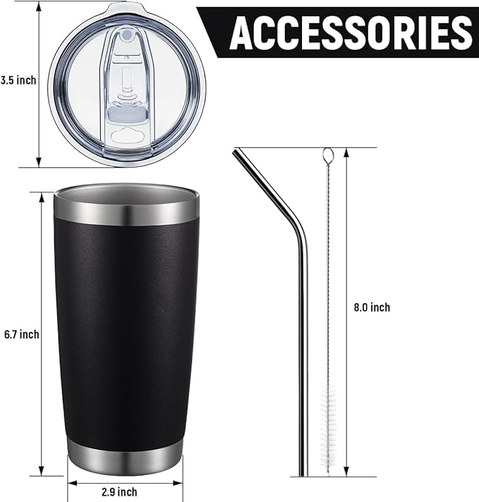 COMOOO 20oz/8Pack Black Tumbler Double Wall Vacuum Insulated Coffee Travel Mug Stainless Steel Tumbler with Lid and Straw Coffee Cup for Cold Drinks & Hot Beverage, Home and Outdoor (Black, 8 Pack)