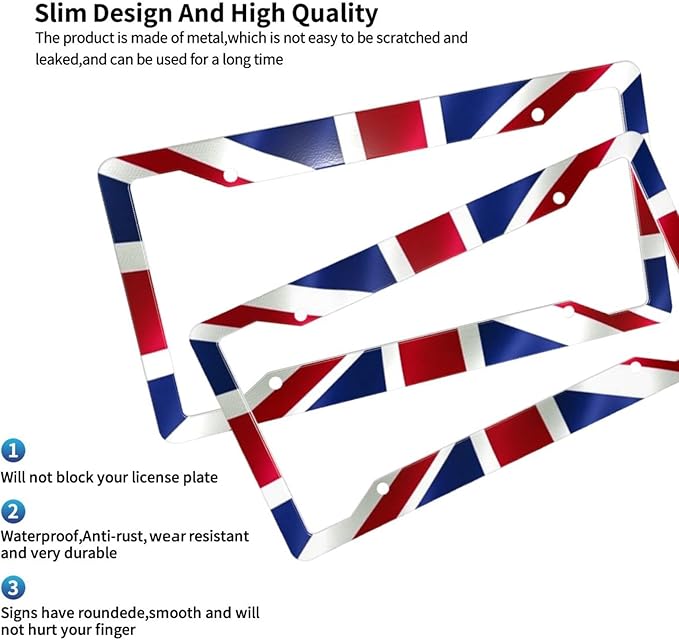 British United Kingdom Flag License Plate Frame - 1 Pack Personalized Union Jack License Plate Holder Aluminum Metal Car Tag Cover with 4 Holes Decoration for US Vehicle Standard for Women Men