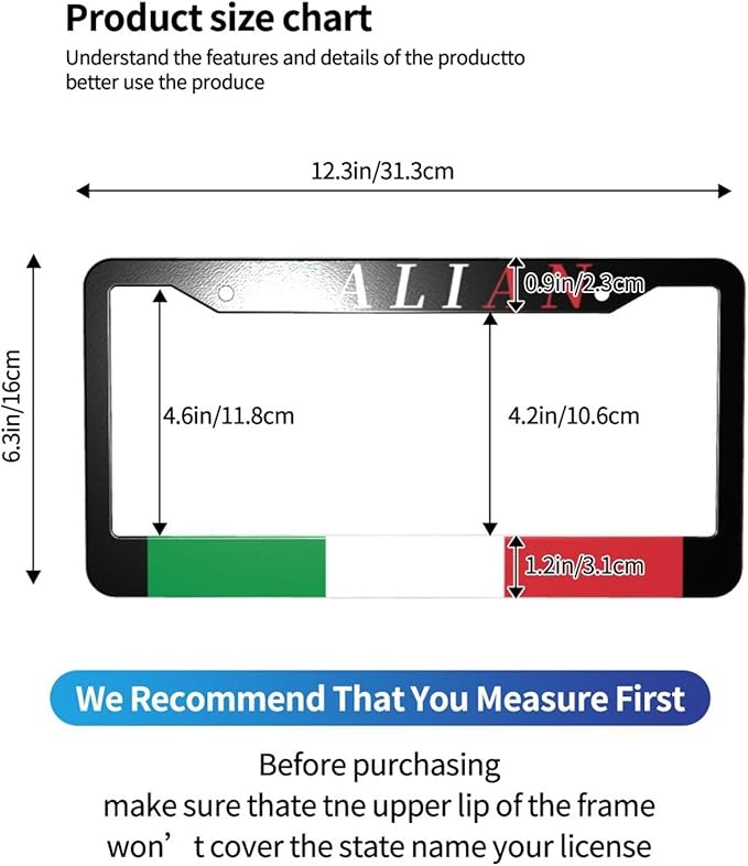 Italian Flag License Plate Frame Personalized Italy Flag License Plate Cover Aluminum Metal Novelty Car Tag Holder 2 Hole with Screws US Vehicle Standard 12 x 6 Inches Decorative for Men Women 1 Pcs
