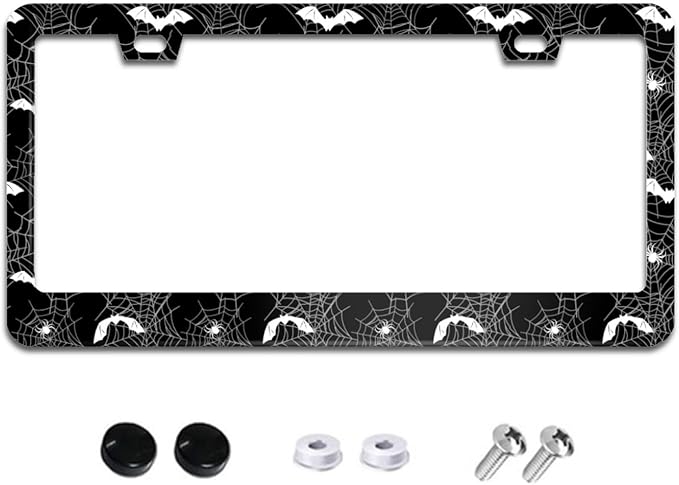 Spider Web Bat License Plate Frame Goth Gothic License Plate Frames Aluminum Car Accessories Cover with 2 Holes and Screws 12 x 6 Inch for Front Rear Car Plate Decor for Women Men
