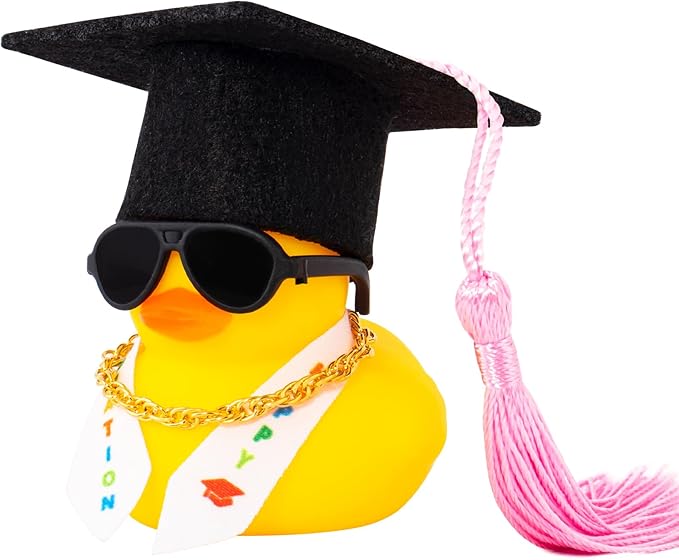 wonuu Graduation Stole Rubber Ducks, Dashboard Decorations Duck for Car Ornament Accessories with Hat Sunglasses Sash Chain (Pink)