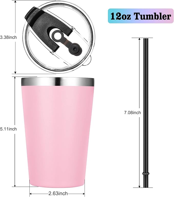 VEGOND 12oz Tumbler Stainless Steel Tumbler bulk Vacuum Insulated Double Wall Travel Tumbler with Lid and Straw Reusable Tumbler, Pink 1 Pack