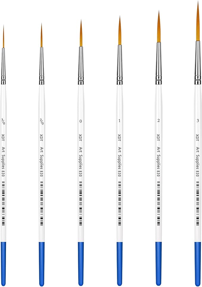XDT#830 Rigger Artist Paint Brush 6 Piece Set Extra Long Fine Point Liner Tip #000#00#0#1#2#3, Scale Models Nail Acrylic Oil Watercolor