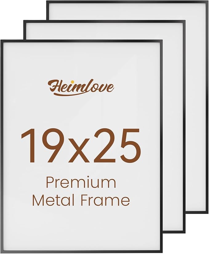 Heimlove 19x25 Metal Picture Frame,Black Aluminum Wall Gallery Poster Puzzles Artwork frames-Real Tempered Glass,Mounting Horizontally or Vertically Decor for Wall-3 Pack