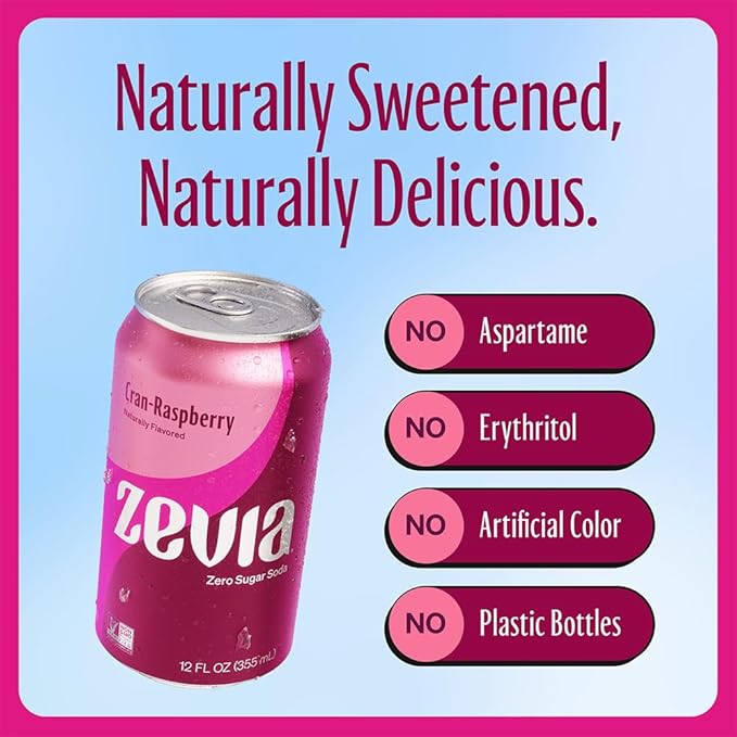 Zevia Zero Sugar Soda, Cran-Raspberry, 12 oz Cans (24-Pack) – Naturally Sweetened, Non-GMO Project Verified, Gluten-Free, Vegan