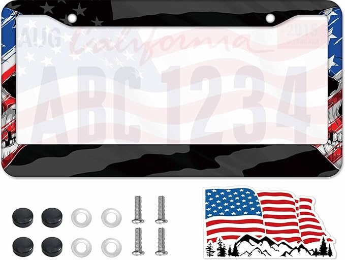 1PCS American Flag License Plate Frame Holder - USA Stars and Stripes Auto Universal Aluminum Matte Car Tag Holder Covers with Sticker & Screws for Men
