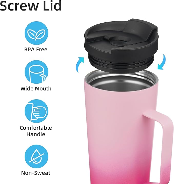 Insulated Tumbler with Handle and Straw, 26 OZ Travel Coffee Mug Stainless Steel Cup Metal Water Bottle,Cherry