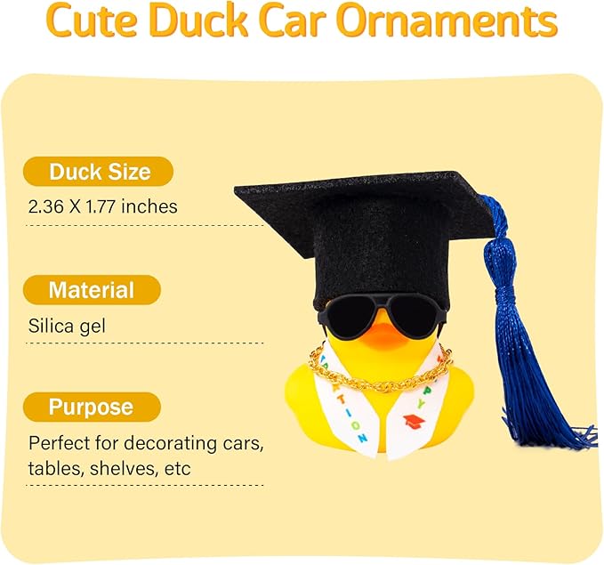 wonuu Graduation Stole Rubber Ducks, Dashboard Decorations Duck for Car Ornament Accessories with Hat Sunglasses Sash Chain (Dark Blue)