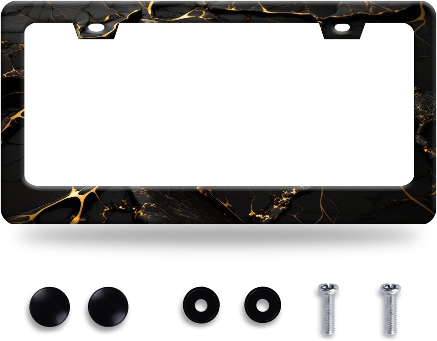 Marble License Plate Frame Black Gold Marble Printed License Plate Stainless Steel Funny License Plate Holder Men Women Colorful Car Accessory Decoration 12.3" x 6.3"