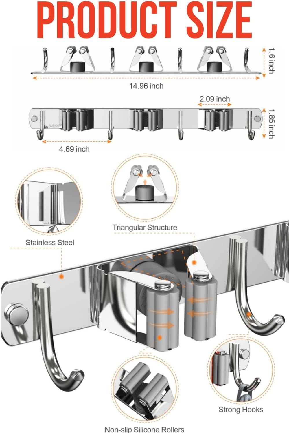 Mop and Broom Holder Wall Mount, Upgraded Broom Hanger Wall Mount, Stainless Steel Broom Organizer for Closet Garage Laundry Room Kitchen Wall Decor(3Racks 4Hooks Silver)