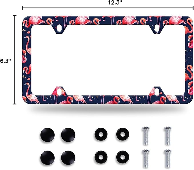 Flamingos License Plate Frame Lovely Pink License Plate Stainless Steel Auto Parts Funny License Plate Decorative with Screws Size 12.3" x 6.3" for Women Men