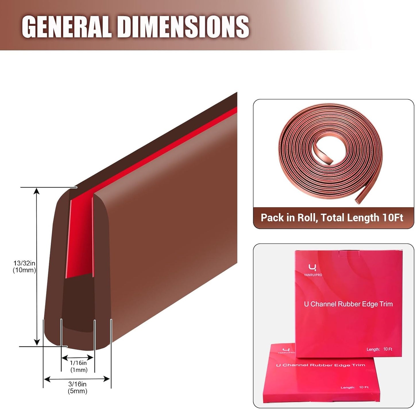 Rubber Edge Trim, Flexible Edge Trim for Sharp Edge, 1/16" U Channel Edge Protector, Self Adhesive Edge Guards for Car Doors and Sheet Metal Parts, 10Ft, Brown Color