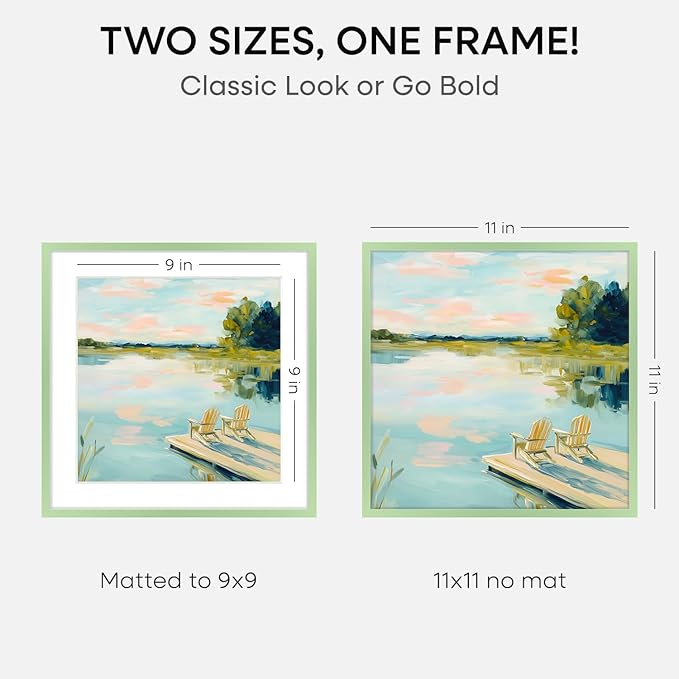 Homeforia 11x11 Sage Green Picture Frame, High End Metal 11 by 11 Square Frames with Mat 9 x 9 Photo, 11by11 Poster Frame Matted to 9x9 inch Art, Wall Hanging Frame, Tempered Glass, Wall Kit, Set of 1