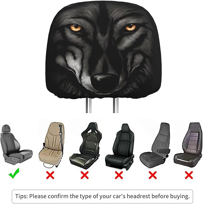 Dujiea 2 Pack Black Wolf Car Headrest Covers, Universal Soft Car Seat Head Rest Cover Protector, Vehicle Accessories Fabric Headrest Cover for Cars Vans Trucks