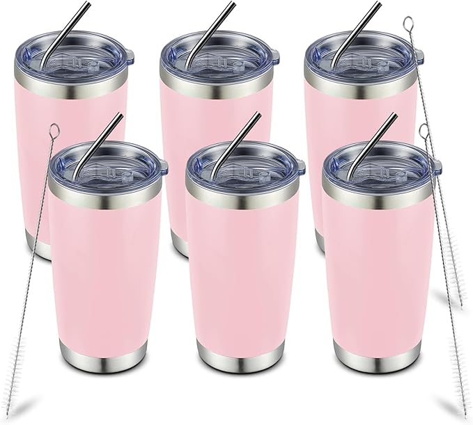 COMOOO 20oz Double Wall Vacuum Insulated Travel Mug, Stainless Steel Tumbler with Lid, Durable Powder Coated Insulated Coffee Cup for Cold & Hot Drinks (Pink, 6 Pack)