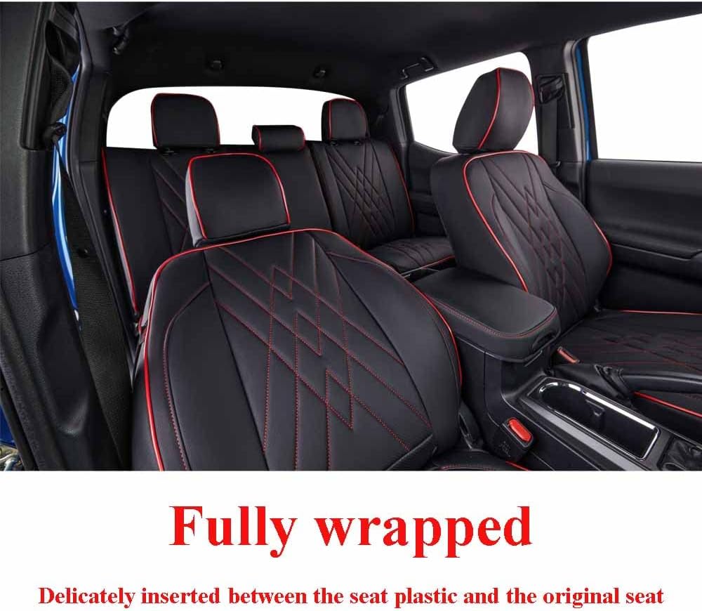 EKR Tacoma Front Car Seat Covers for Toyota Tacoma 2012 2013 2014 2015 (Regular Seats) Custom Leather Truck Seat Cover - Front Row Only, Leather (Black with Red Trim)