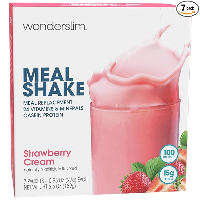 WonderSlim Meal Replacement Shake, Strawberry Cream, 15g Protein, 24 Vitamins & Minerals, Gluten Free (7ct)