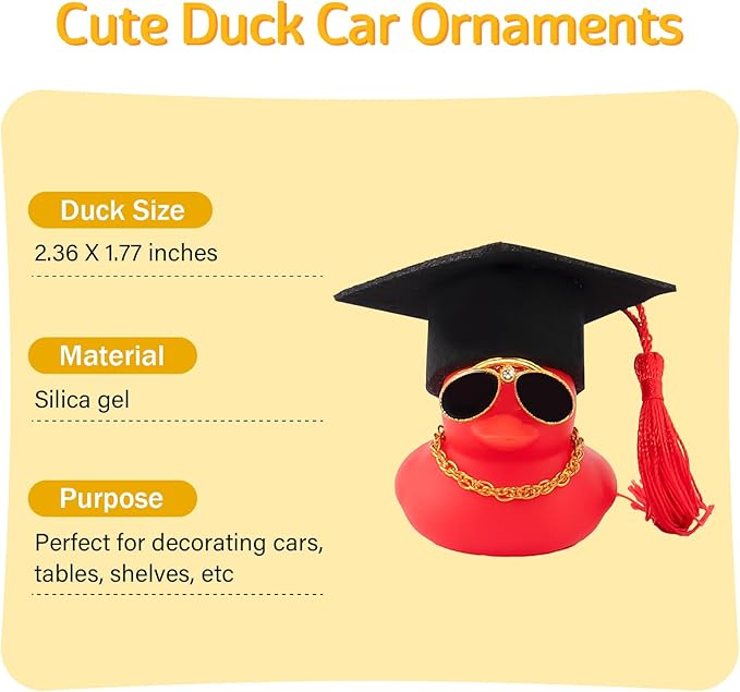 wonuu Car Dashboard Decor Graduation Hat Color Rubber Duck, Car Ducks Ornaments with Mini Graduation Hat Necklace Sunglasses (Red)