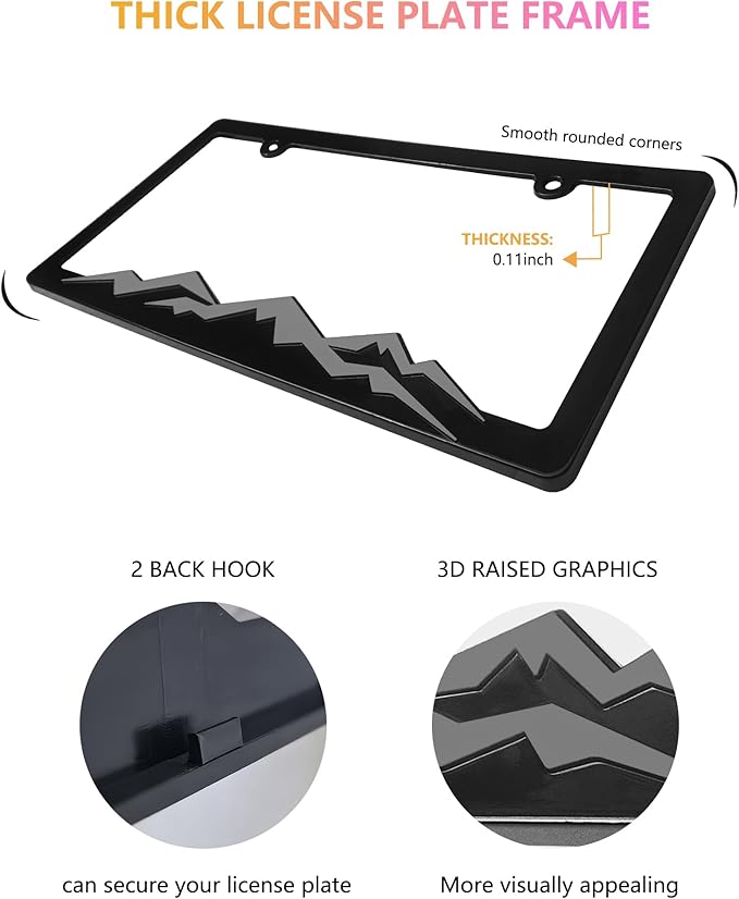 Mountain License Plate Frames - 2 Pack Plastic Car Tag Frame with 3D Mountain Design, Grey on Black, Included Mountain Vinyl Sticker, Screws & Caps