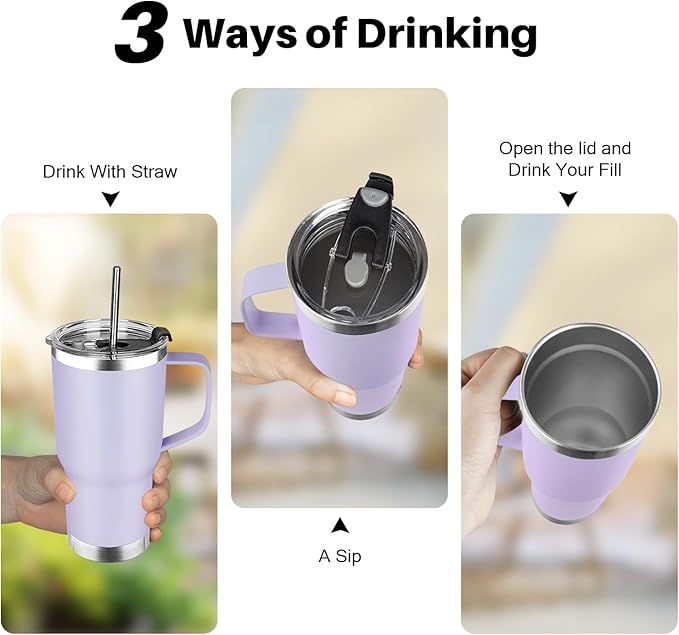 20 oz Tumbler with Handle, Stainless Steel Insulated Tumbler with Lid and Straw, Double Wall Vacuum Insulated Coffee Mug Tumbler, Insulated Coffee Thermal Cup for Cold and Hot (Light Purple)