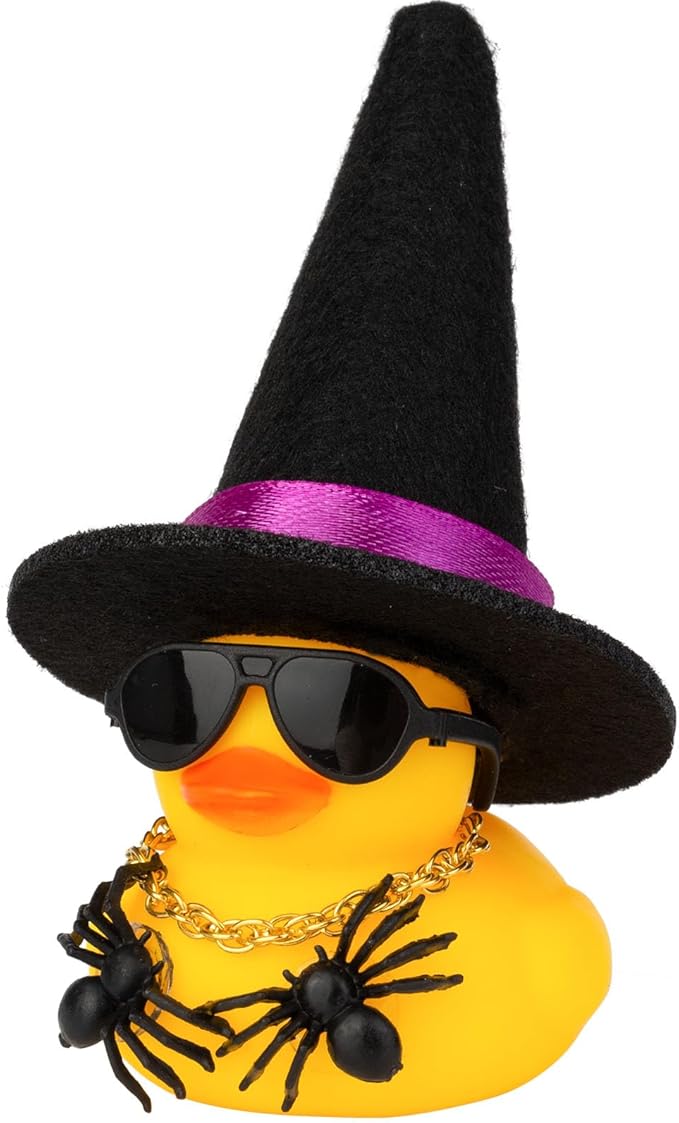 Car Rubber Duck Ornaments Halloween Duck Car Dashboard Decorations with Mini Witch Hat Sunglasses Necklace Halloween Accessories for Halloween Themed Gifts(W10-B&Purple Ribbon)