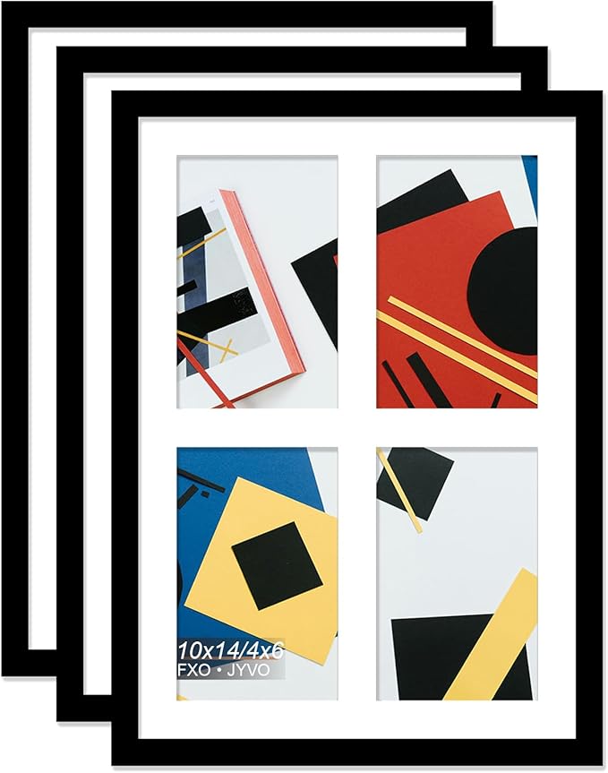 4x6 Picture Frame Collage Set of 3, Display 4 4x6 Picture Collage or 10x14 Photo Only Without Mat, Light Weight and High Transparent Frame for Wall - 3 Pack/Black/4-Openings