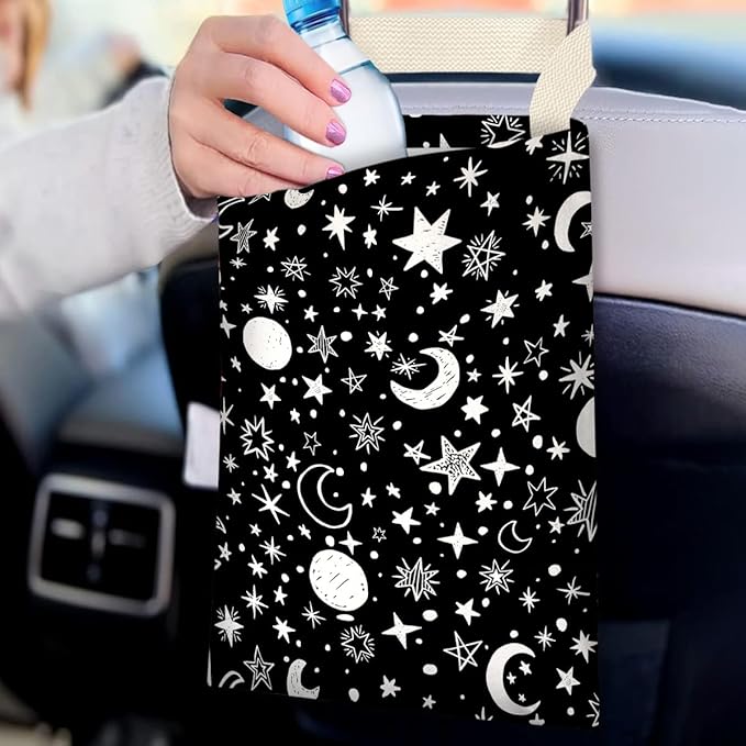 Moon and Star Black Car Trash Bags - Small Garbage Bags for Car Back Seat - One-handed Strap - Cute Printed - Accessories