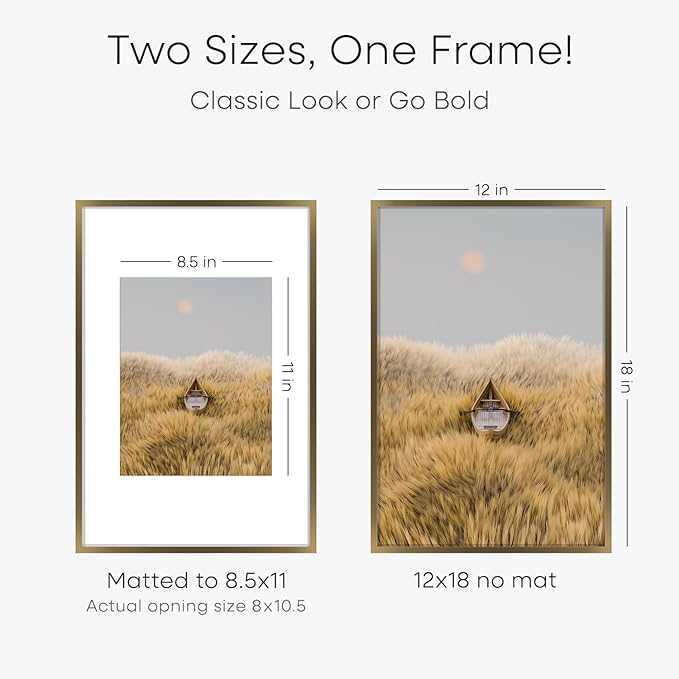 Homeforia 12x18 Bronze Picture Frame, High End Metal 12x18 Brass Poster Frames with Mat 8.5x11 Photo, 12 x 18 Frame Matted to 8.5 by 11 inch Print, 18x12 Thin Frame, Tempered Glass, Wall Kit, Set of 3