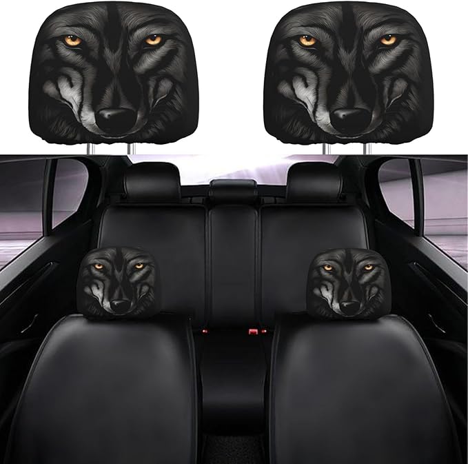 Dujiea 2 Pack Black Wolf Car Headrest Covers, Universal Soft Car Seat Head Rest Cover Protector, Vehicle Accessories Fabric Headrest Cover for Cars Vans Trucks