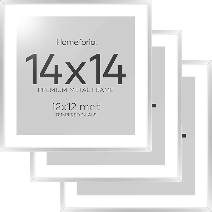 Homeforia Silver 14x14 Picture Frame, High End Metal 14 x 14 Square Frame with Mat 12 x 12 Photo, 14x14 Poster Frames Matted to 12x12 Print, 14 by 14 Hanging Frames, Tempered Glass, Wall Kit, Set of 3